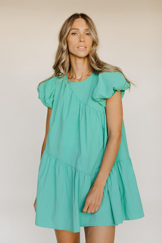 ASYMMETRIC BABYDOLL MINI DRESS/ Emerald